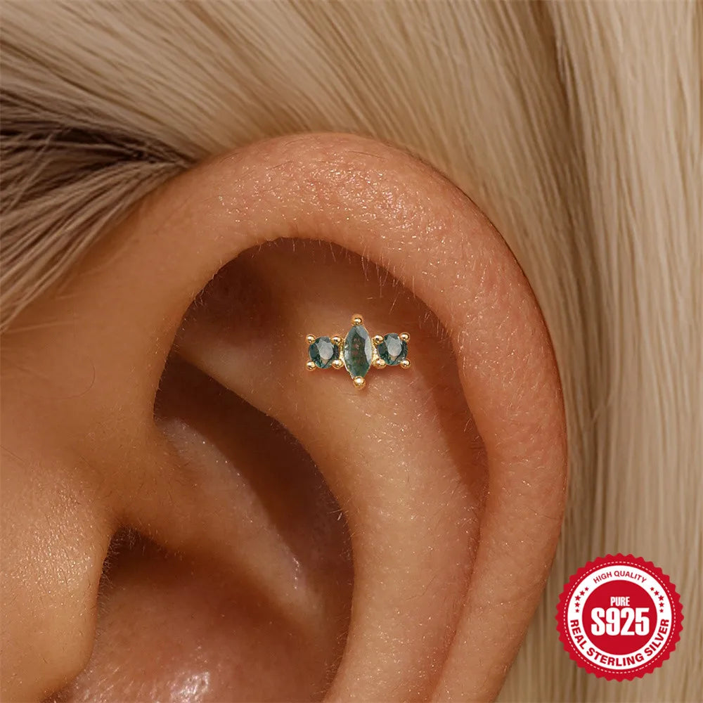 Natural Moss Agate Threaded Puncture Ear Bone, Nail 925 Sterling Silver Tassel Geometric, Nice Green Moss Piercing Earring