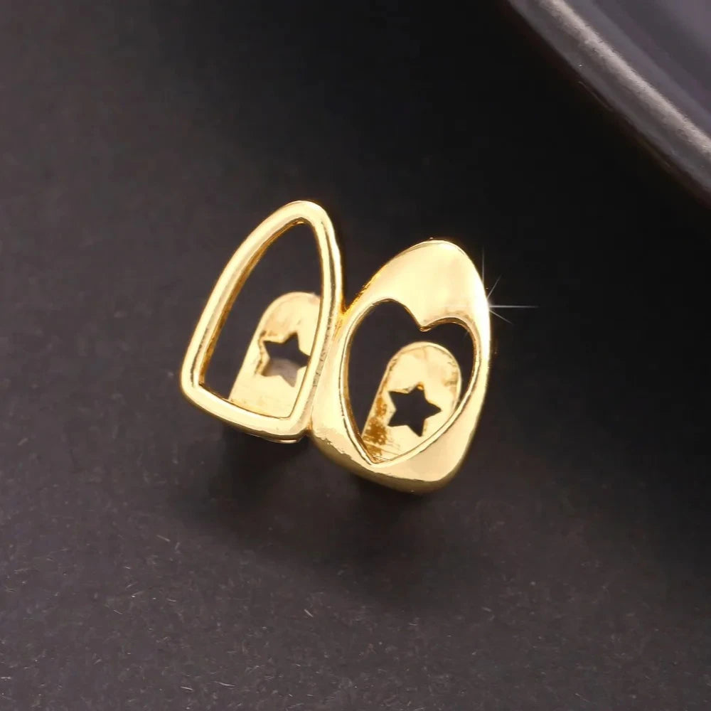 2pcs Set Hip-hop Gold Color Hollowed Hearts Zircon Inlay, Nice Stainless Steel Dental Grills for Women And Men, Fashion Teeth Jewelry Accessories