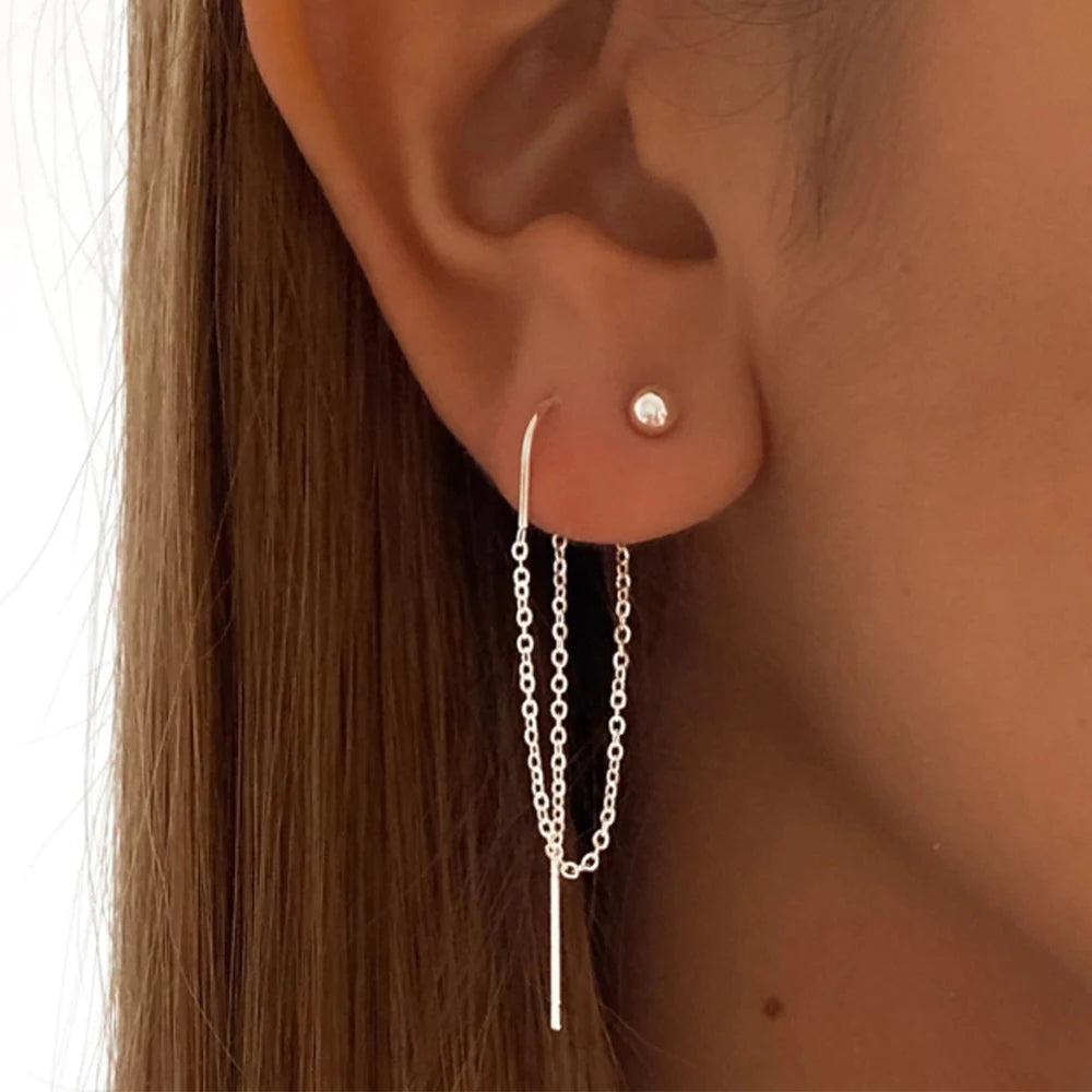 925 Sterling Silver 1pc, Geometry Multi Piercing Stud Earrings For Women, K Gold Simple Elegant Tassel Jewelry, beautiful Gift
