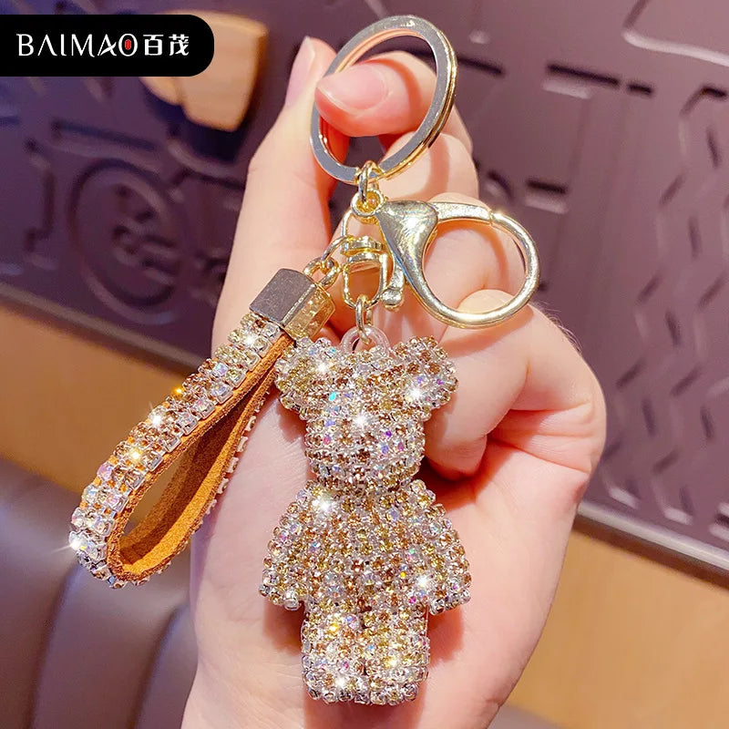Cute Rhinestones Tassel Bear Keychain Couple Keychain, Beautiful Girl Decoration Kind Small Pendant Car Key Ring Student Bag Pendant