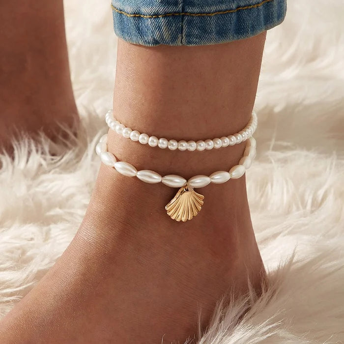 5 Pcs Exquisite Metal Butterfly Star Heart Pendant Anklets, Chic Set Vintage Pearl Pendant Foot, Attractive Bracelet Beach Woman Jewelry