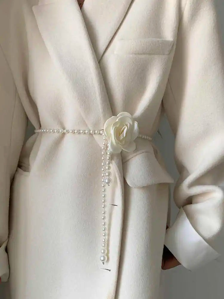 Adorable Pearl Waist Belt Women's New Style Camellia Decorative Versatile Waist Belt Matching Dress Coat Jacket Fashion Elegant Belt