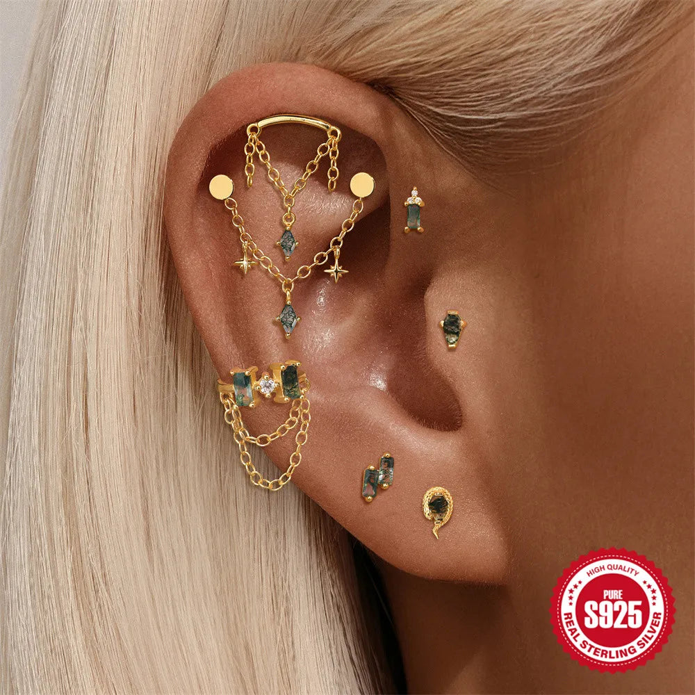 Natural Moss Agate Threaded Puncture Ear Bone, Nail 925 Sterling Silver Tassel Geometric, Nice Green Moss Piercing Earring