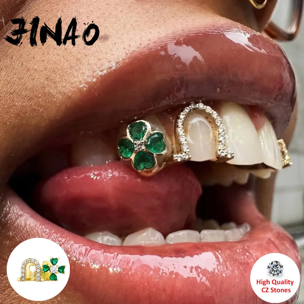 Hip Hop Iced Out Double Teeth, Lucky Green Clover Infinity Grillz, Top & Bottom Punk Rapper Beautiful Christmas Cosplay