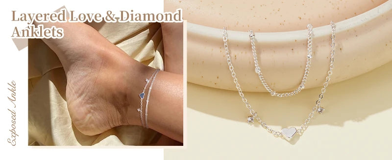 925 Sliver Plated CZ Anklet, Lovely Bracelets for Women Girl, Trendy New Waterproof Heart, Charm Dainty Layer Chain Anklets Jewelry Gifts, Charming Gift For Birthday Or Christmas