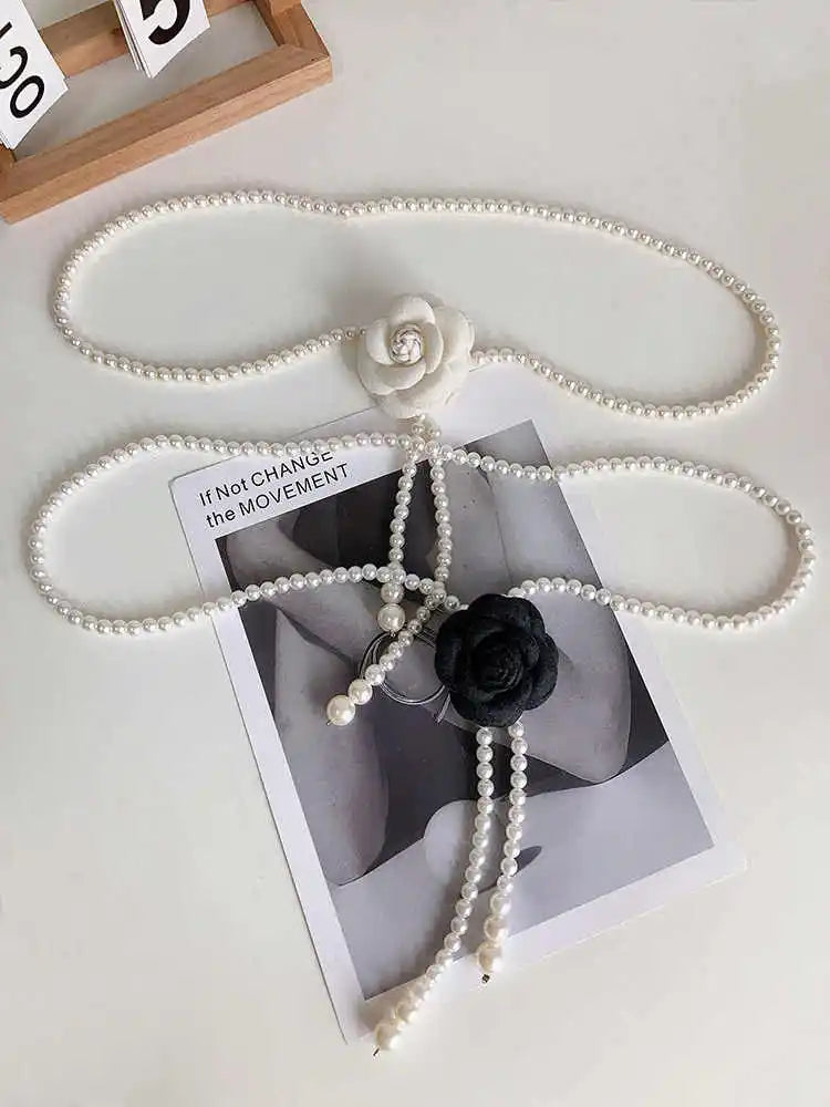 Adorable Pearl Waist Belt Women's New Style Camellia Decorative Versatile Waist Belt Matching Dress Coat Jacket Fashion Elegant Belt