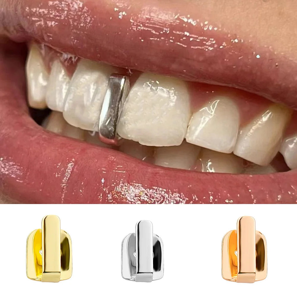 Hip Hop Single Glossy Long Stick Teeth Grillz Punk, Elegant Gold And Silver Color Vertical Bar Tooth Caps For Women And Men, Beautiful Mouth Jewelry