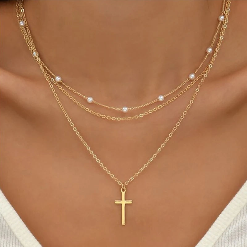 Mehrschichtige Perle Kreuz Liebe Herz Anhänger Halsketten für Frauen Gold Farbe Mode Schlüsselbein Halskette 2024 Trend Schmuck