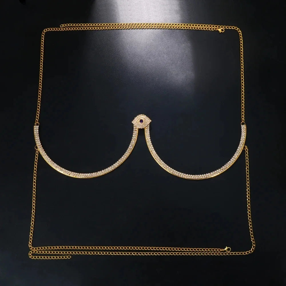 Beautiful Demon Eye Chest Bracket, Lovely Necklace Bikini Body Jewelry Summer Beach, Festival Rhinestone Chest Chain Harness Girls