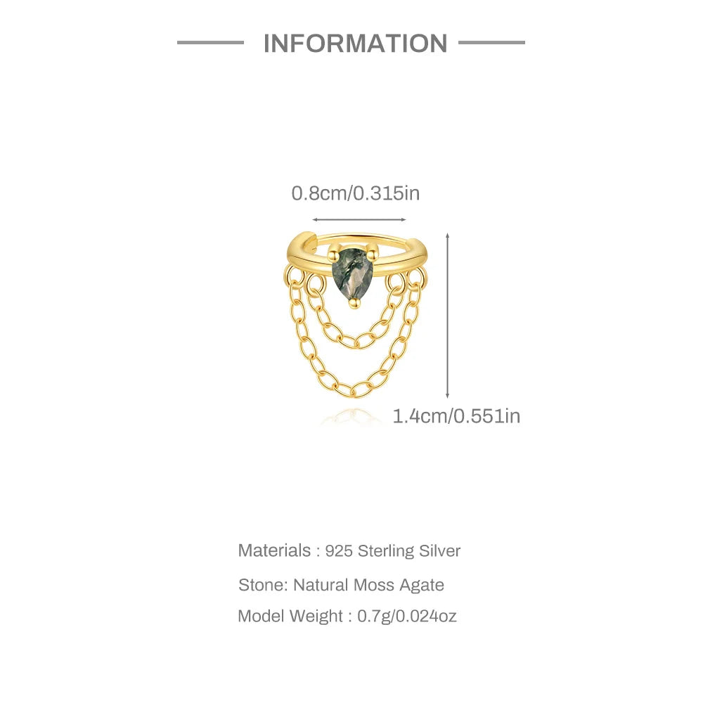 Natural Moss Agate Threaded Puncture Ear Bone, Nail 925 Sterling Silver Tassel Geometric, Nice Green Moss Piercing Earring