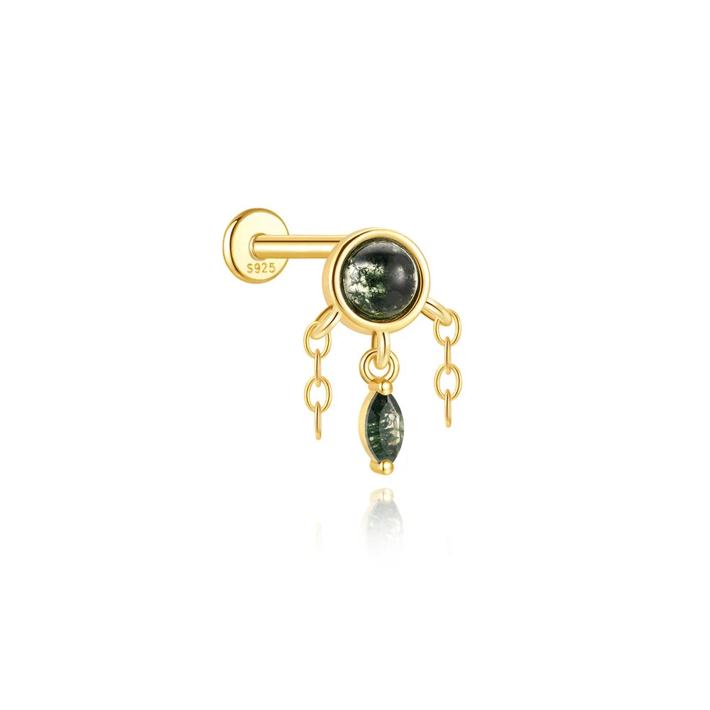 Natural Moss Agate Threaded Puncture Ear Bone, Nail 925 Sterling Silver Tassel Geometric, Nice Green Moss Piercing Earring