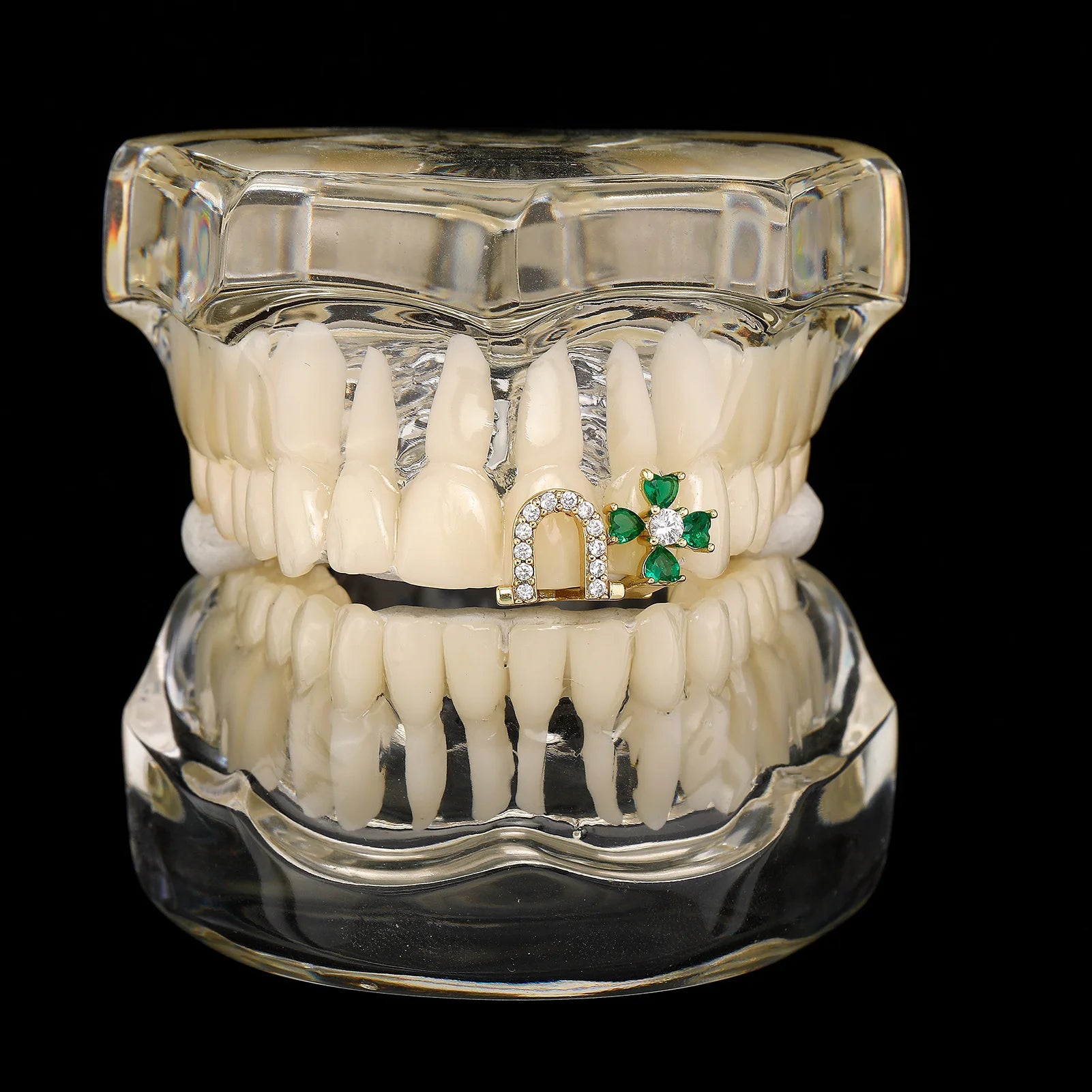 Hip Hop Iced Out Double Teeth, Lucky Green Clover Infinity Grillz, Top & Bottom Punk Rapper Beautiful Christmas Cosplay