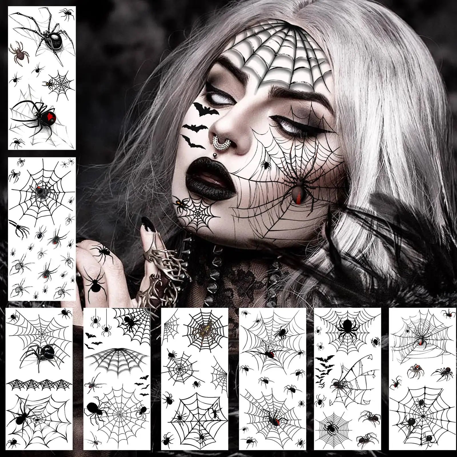 8 Sheets Horrible Realistic 3D Spiders Spiderweb, Temporary Tattoos For Men Women Adults Halloween, Halloween Gift