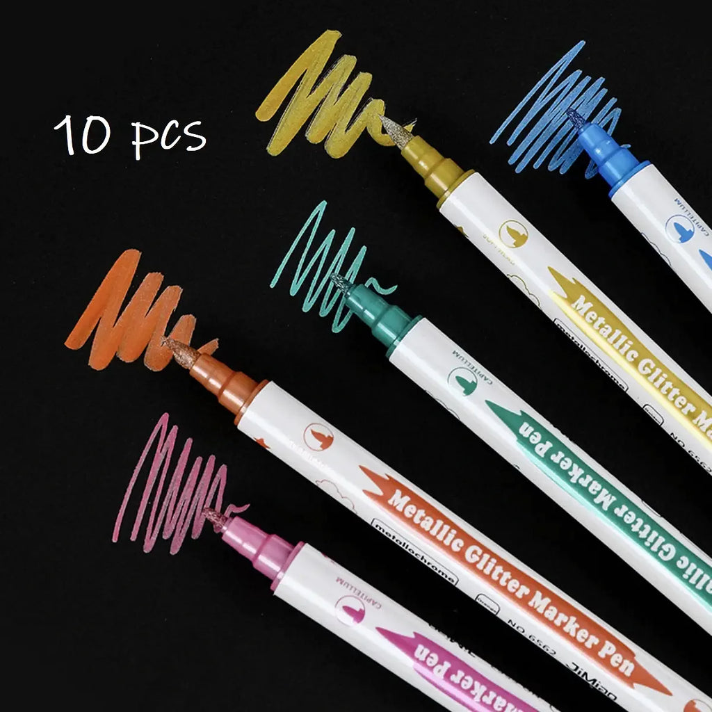 10Pcs Metallic Dual Tip Marker Pens, with Brush and Fine Nibs, for Album DIY, Black Cards, Scrapbooking, Craft Supplies