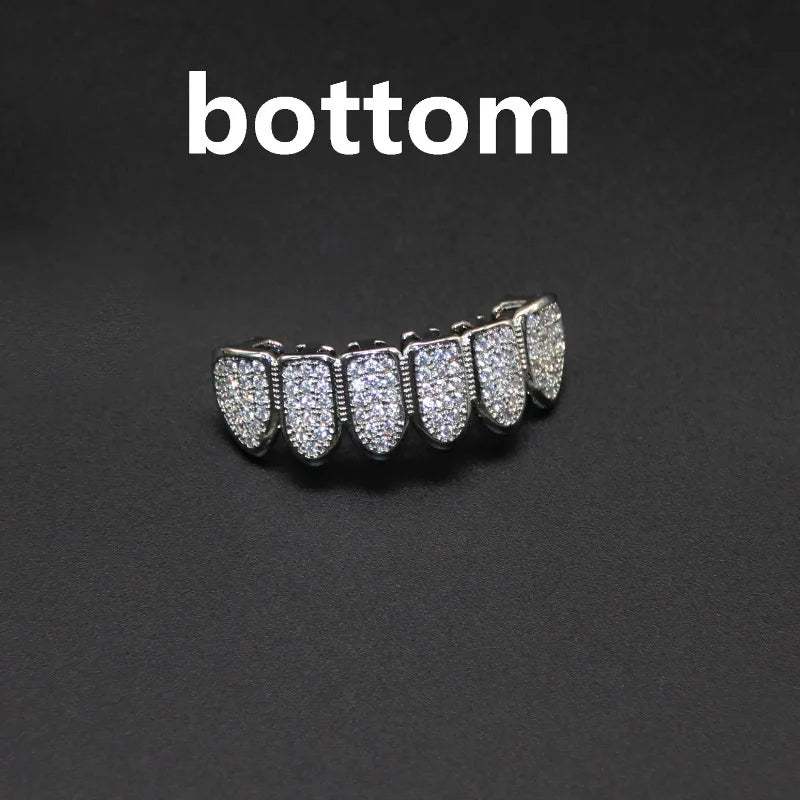 New Hip Hop CZ Teeth Set For Unisex Top And Bottom Mouth, Gold And Silver Color Teeth, Trendy Tooth Cap Removable Dental, Fashion Jewelry Gift