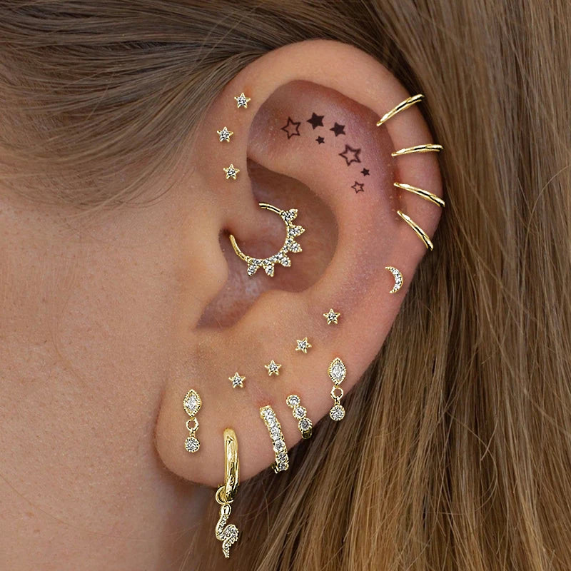 Helix Conch Piercing Snake Earrings for Women Silver Color Moon Star Daith Tragus Cartilage Ear Hoop Septum Rook Fashion Jewelry