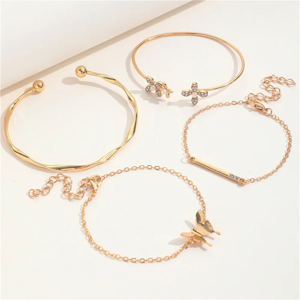 Chic Vintage Gold Color Cuff Bracelet, The Best Set of 4 Stainless Steel Butterfly Bracelet Combination Fashion, Very Elegant Bracelet Jewelry Gifts For Her Birthday Or Christmas