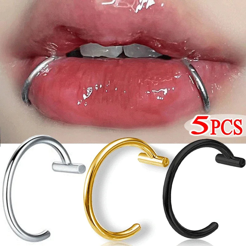 5PCS Punk Lips Rings Medical Titanium Steel, Nose Ring  Septum, Piercing Clip on Mouth Ring, Fake Piercing Body Clip