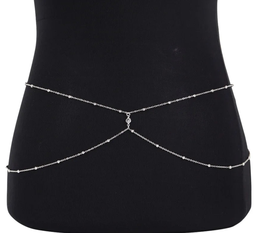Clear Rhinestone Beaded Belly Chains for Women Gold Silver Color Metal Beach Bikini Link Chains Waist Body Jewelry Accessory