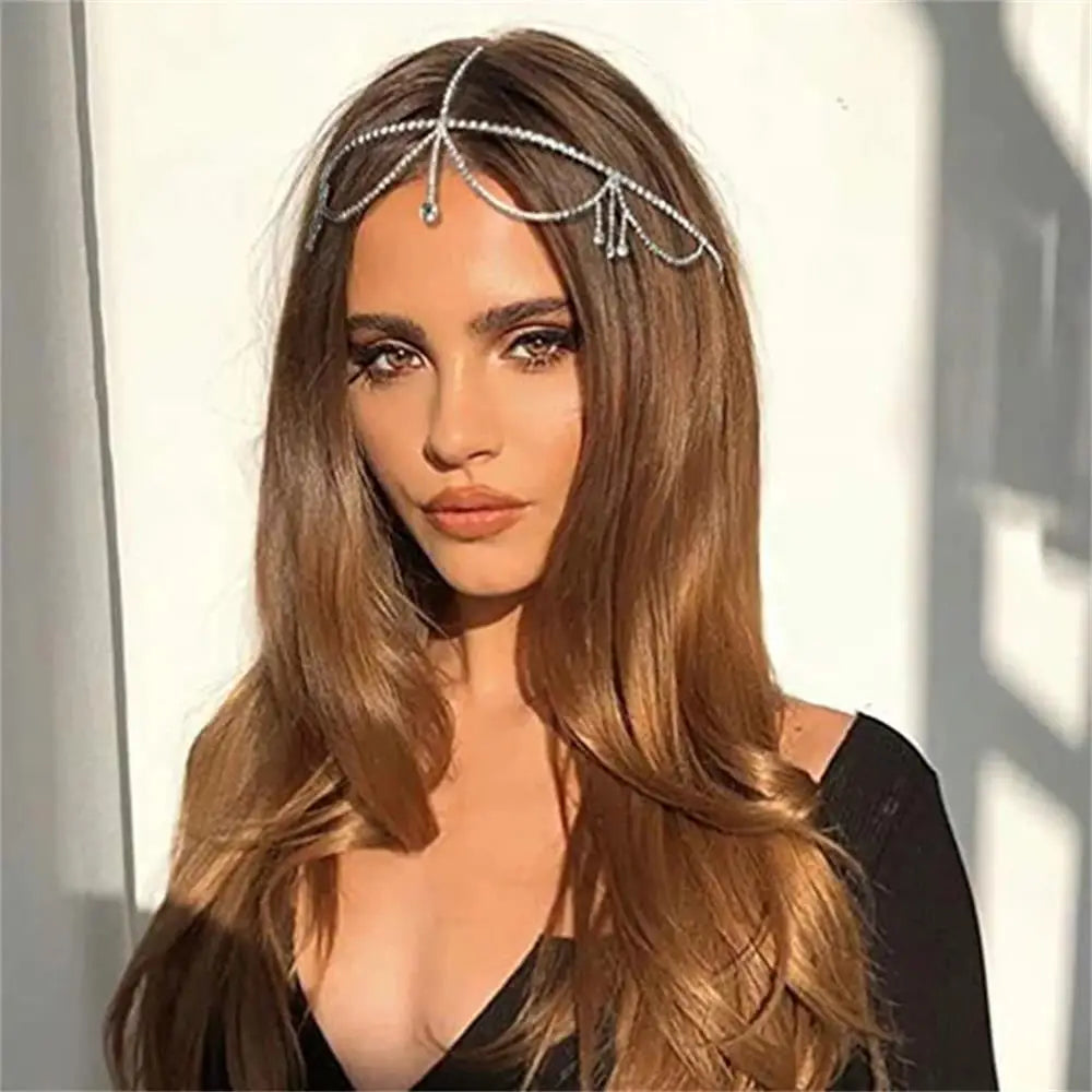 Simple Rhinestone Hair Chain Band Accessories for Women Party Crystal Headpiece Bridal Forehead Jewelry Tiara Fringe Headdress