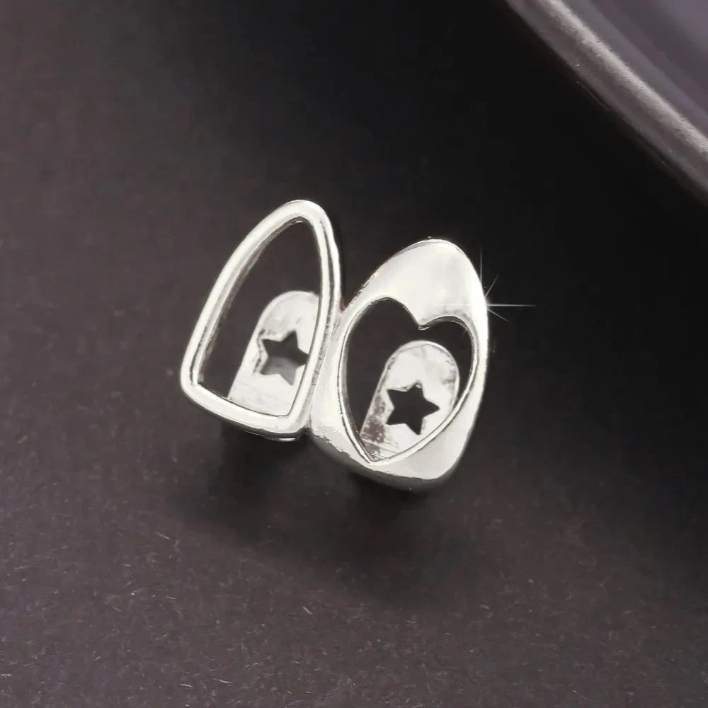 2pcs Set Hip-hop Gold Color Hollowed Hearts Zircon Inlay, Nice Stainless Steel Dental Grills for Women And Men, Fashion Teeth Jewelry Accessories