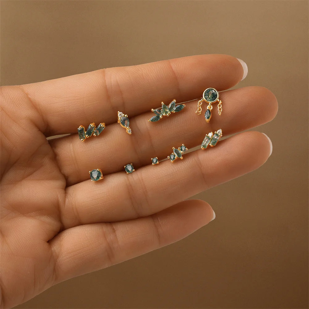 Natural Moss Agate Threaded Puncture Ear Bone, Nail 925 Sterling Silver Tassel Geometric, Nice Green Moss Piercing Earring