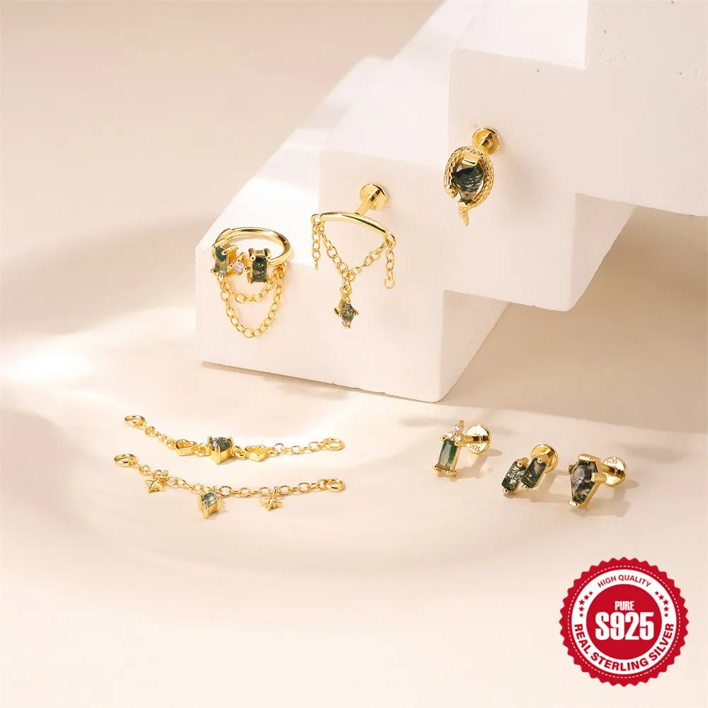 Natural Moss Agate Threaded Puncture Ear Bone, Nail 925 Sterling Silver Tassel Geometric, Nice Green Moss Piercing Earring