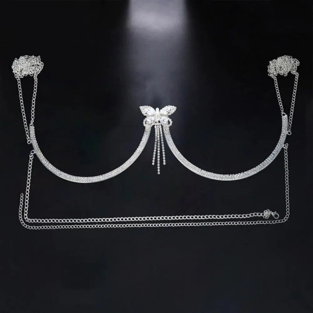Rave Top Zircon Butterfly Chest Bracket Chain Bikini Body Jewelry, Sexy Outfits Crystal Body Chain Lingerie Harness for girls