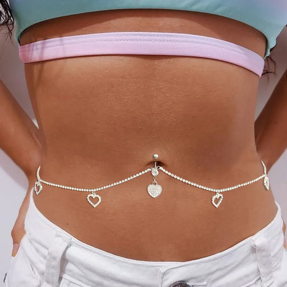 Sexy Rhinestone Heart Belly Button Waist, High Quality Chain Fashion Love Pendant , Navel Piercing Chain Ring Body Jewelry Party