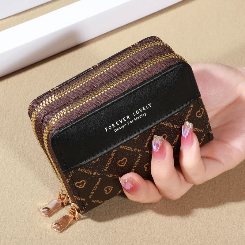RFID Protection Mini Wallet - Chic Faux Leather with Double Zipper, Multiple Card Slots & Slip Pocket, Compact Classic Clutch