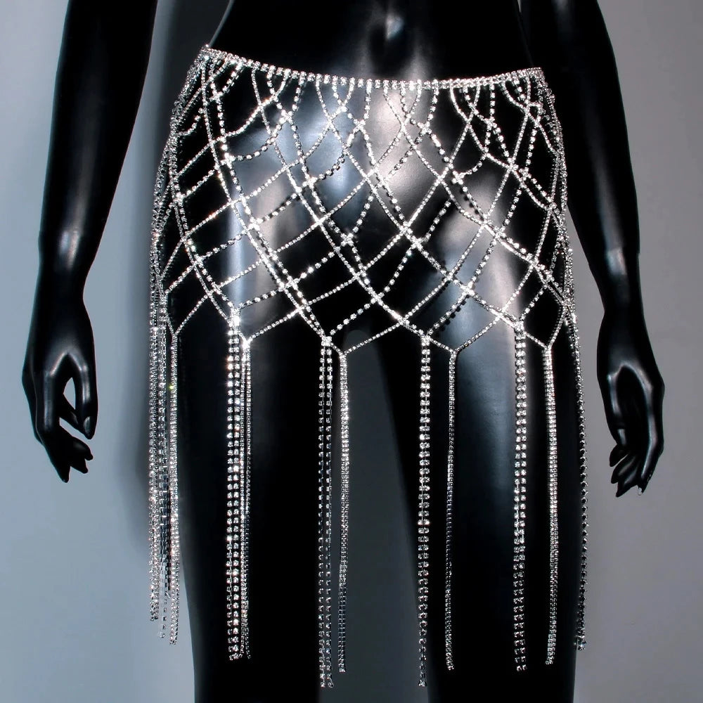 Charm Summer Rhinestone, Tassel Skirts Bikinis Lingerie Accessories, Nightclub Clothing Bling, Unique Sexy Body Chain Dress Jewelry