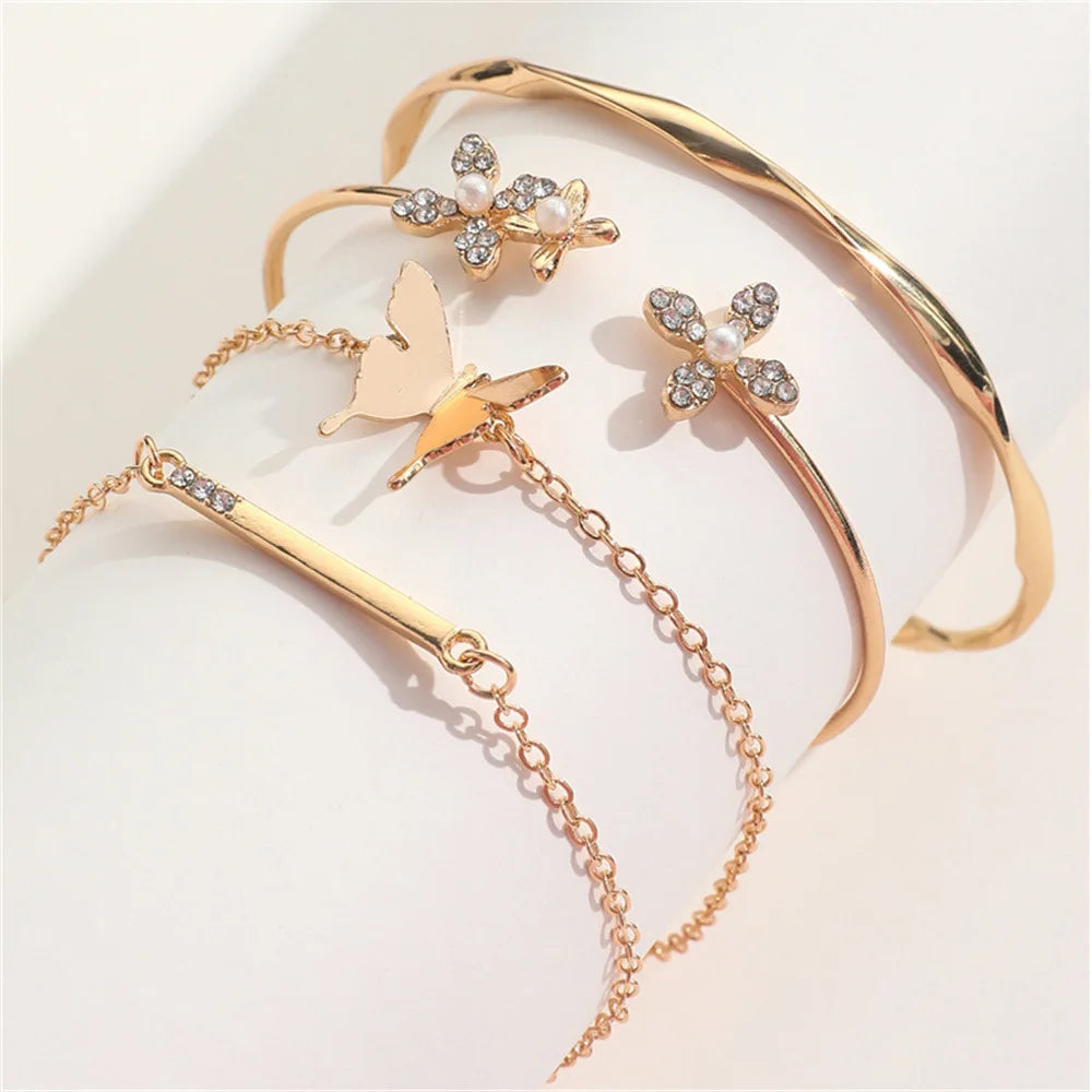 Chic Vintage Gold Color Cuff Bracelet, The Best Set of 4 Stainless Steel Butterfly Bracelet Combination Fashion, Very Elegant Bracelet Jewelry Gifts For Her Birthday Or Christmas