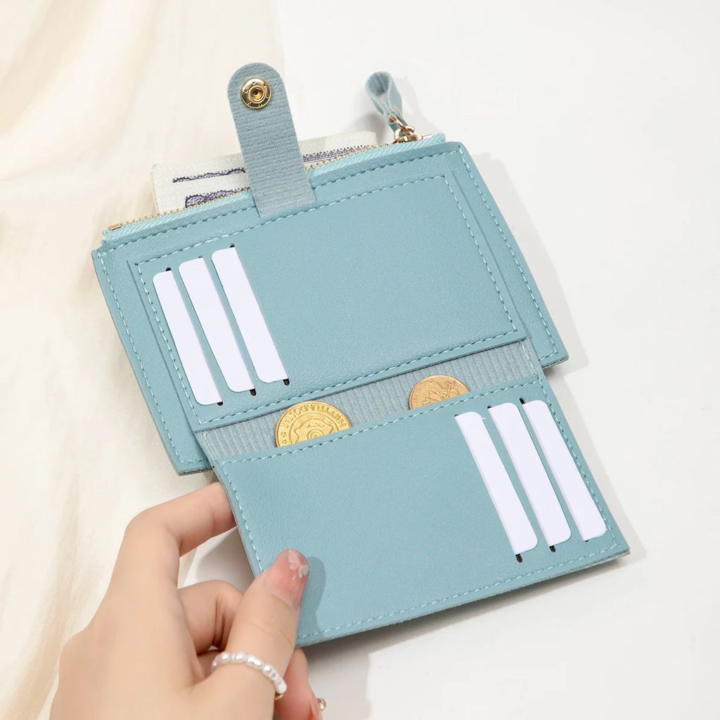 Adorable Minimalist And Fashionable Women's Short Card Bag, Thin Mini PU Leather Wallet, Amazing women's credit card holder wallet, Stunning Trendy Practical Gift For Cute Girls, Lovely Pink Wallet, Nice Blue Color, Kind Pink