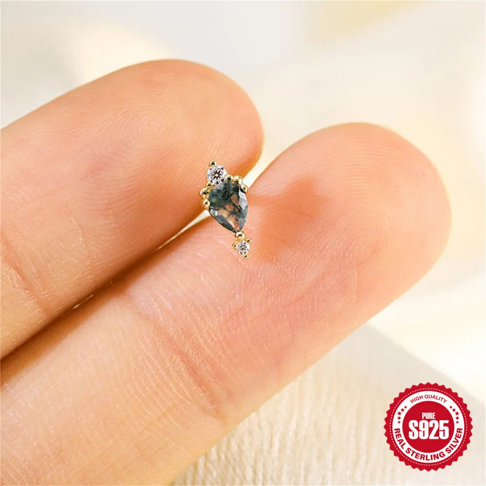 Natural Moss Agate Threaded Puncture Ear Bone, Nail 925 Sterling Silver Tassel Geometric, Nice Green Moss Piercing Earring