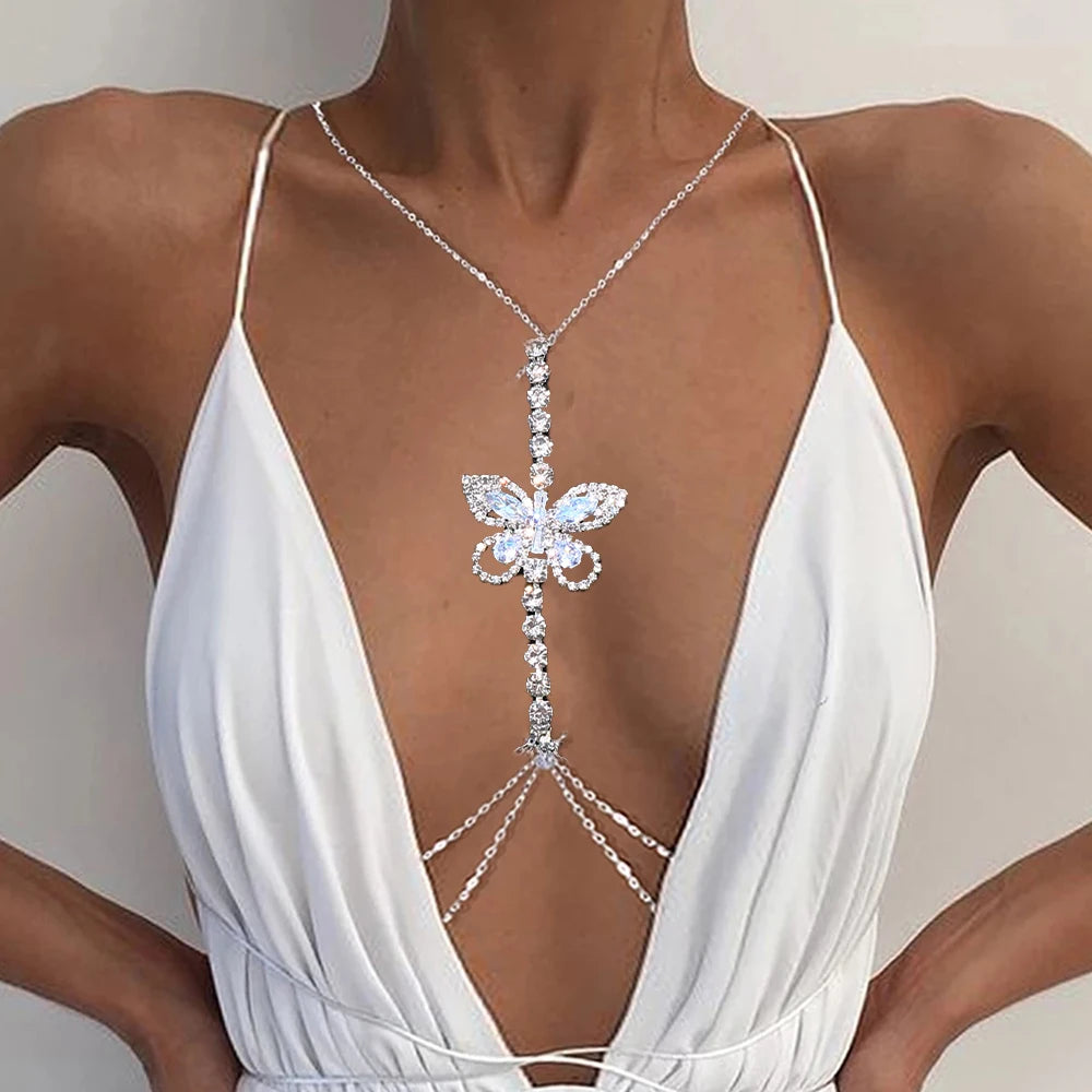 Charming Butterfly Chest Chain, Rave Jewelry Festival Crystal Outfit Beach, Lovely Summer, Sexy Bra Chain Necklace For Women Clothing