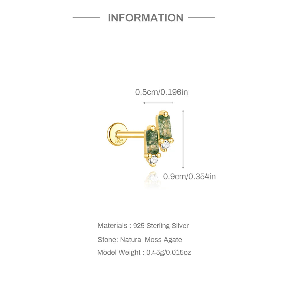 Natural Moss Agate Threaded Puncture Ear Bone, Nail 925 Sterling Silver Tassel Geometric, Nice Green Moss Piercing Earring