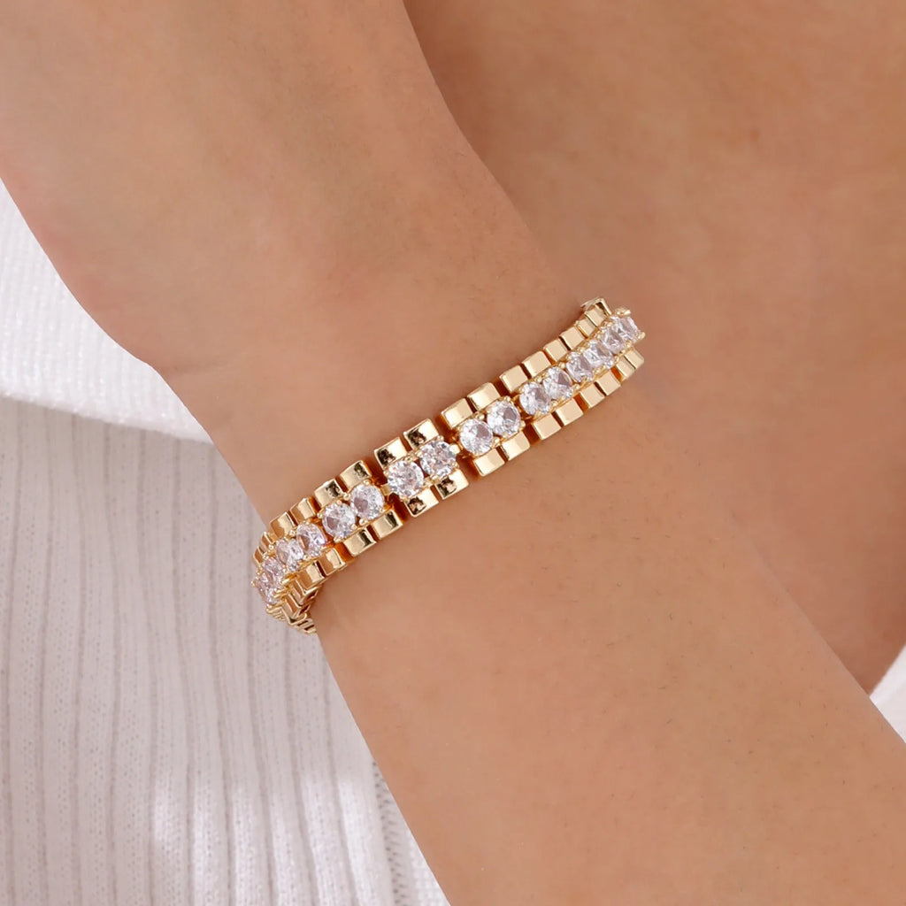 Paperclip Chain Bracelet 14K Gold Plated Cubic Zirconia Watch Strap Chunky Link Adjustable Stackable Jewelry For Women Girl Gift
