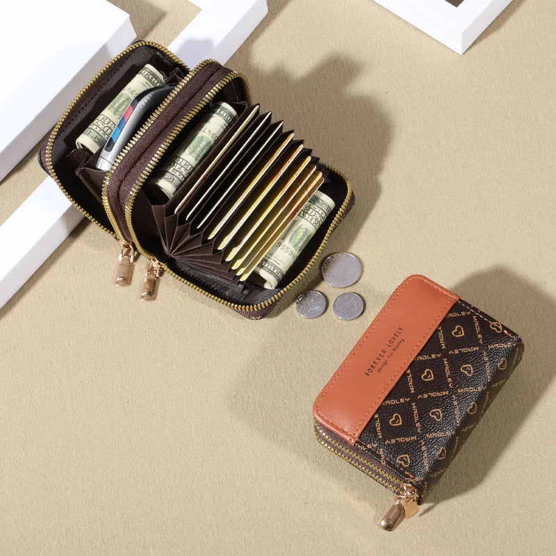 RFID Protection Mini Wallet - Chic Faux Leather with Double Zipper, Multiple Card Slots & Slip Pocket, Compact Classic Clutch