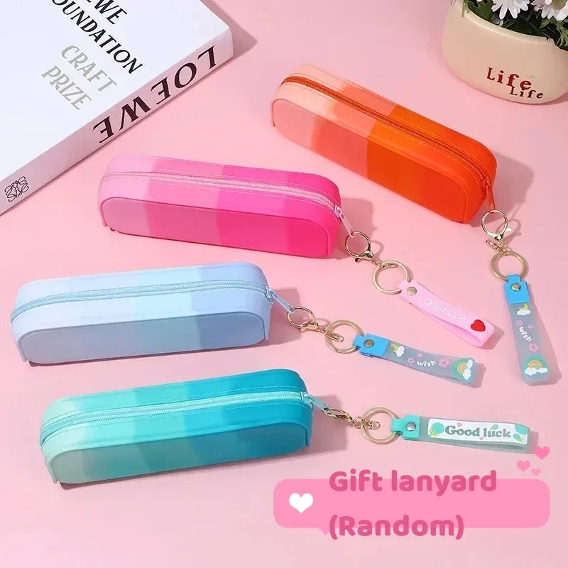 1Pc Cute Gradient Silicone Pencil Case Lovely Kids Waterproof Stationery Organizer Pen Kawaii School Supplies with Cartoon Rope