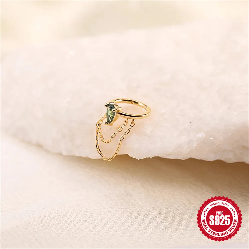 Natural Moss Agate Threaded Puncture Ear Bone, Nail 925 Sterling Silver Tassel Geometric, Nice Green Moss Piercing Earring