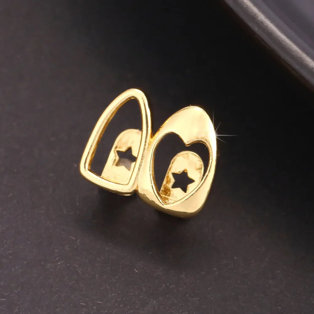 2pcs Set Hip-hop Gold Color Hollowed Hearts Zircon Inlay, Nice Stainless Steel Dental Grills for Women And Men, Fashion Teeth Jewelry Accessories