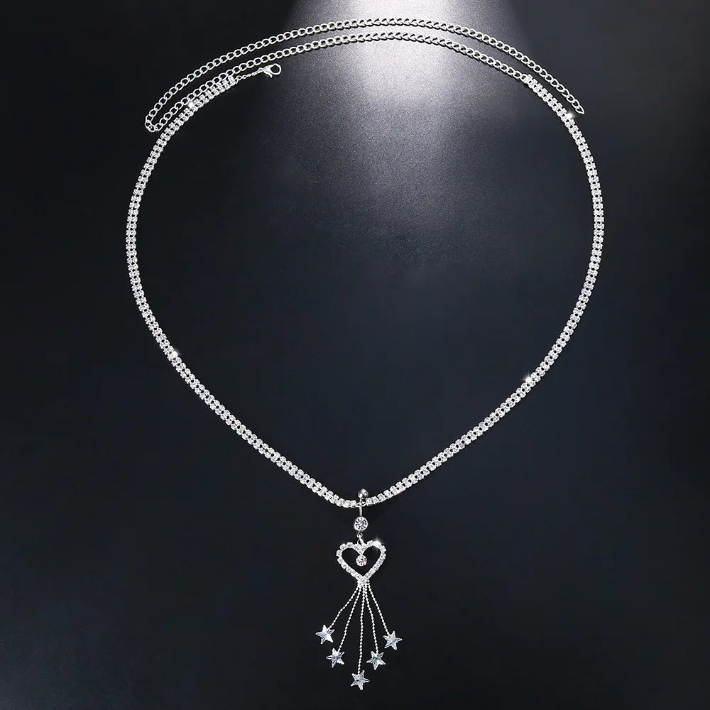 Boho Heart Dangle Rhinestone, Nice Piercing Navel Chain Belly Button Ring with Waist Chain Girls, Pretty Navel Piercing, Lovely Body Jewelry From Veloratok