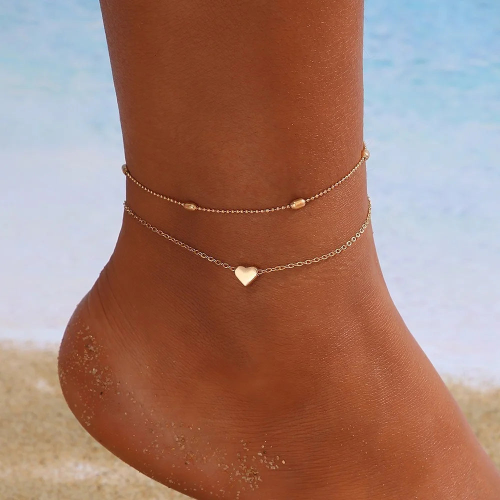 5 Pcs Exquisite Metal Butterfly Star Heart Pendant Anklets, Chic Set Vintage Pearl Pendant Foot, Attractive Bracelet Beach Woman Jewelry