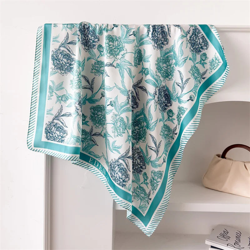 Neckerchief Female Luxury Square Scarf for Women Silk Feeling Shawl Satin, Hijab Fashion Wraps Hair Bands Ribbon Headband, Beautiful Scarf Color