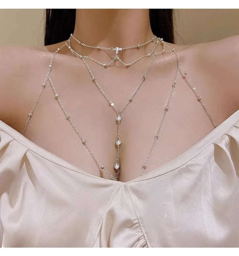 Sommer Kristall Quaste Brust ketten für Frauen Mode geometrischen BH Kreuz Bikini in hohlen Körper Kette heißen Strand Schmuck