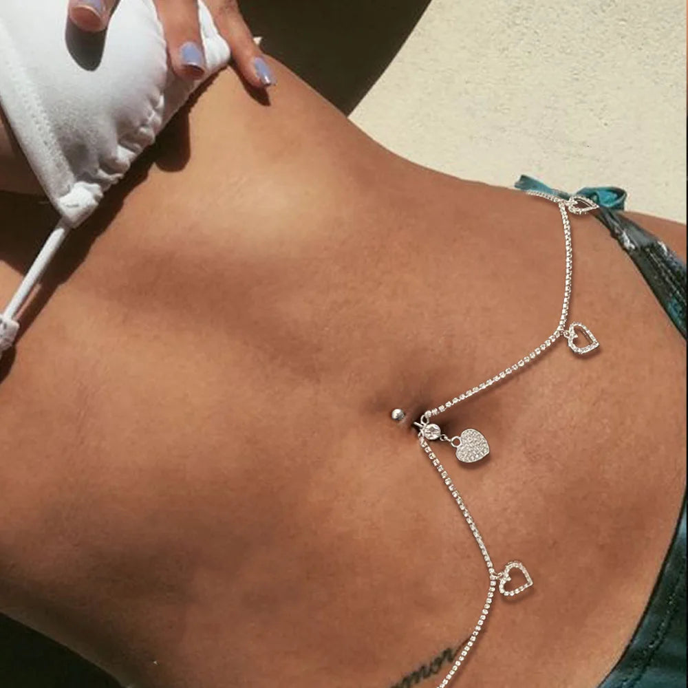 Sexy Rhinestone Heart Belly Button Waist, High Quality Chain Fashion Love Pendant , Navel Piercing Chain Ring Body Jewelry Party