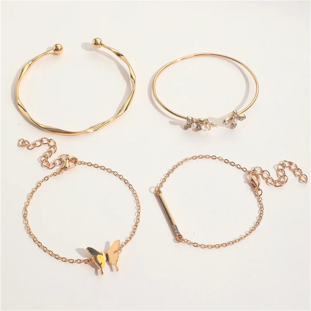 Chic Vintage Gold Color Cuff Bracelet, The Best Set of 4 Stainless Steel Butterfly Bracelet Combination Fashion, Very Elegant Bracelet Jewelry Gifts For Her Birthday Or Christmas