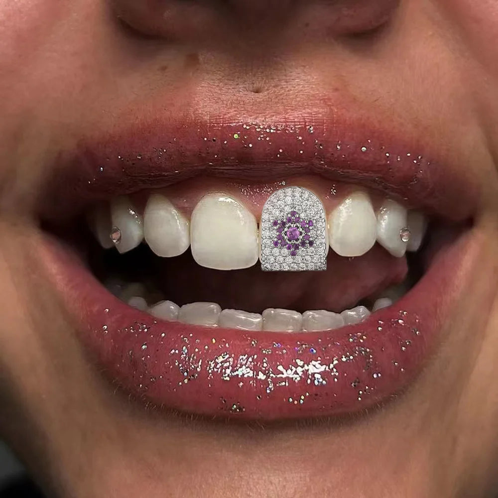 Pretty Hip Hop Single Purple Sun Zircon Teeth, Grillz Dental Grills Silver Color, CZ Stone Tooth Caps For Cute Girls, New Gift Jewelryelry