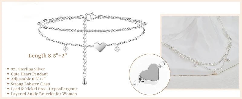 925 Sliver Plated CZ Anklet, Lovely Bracelets for Women Girl, Trendy New Waterproof Heart, Charm Dainty Layer Chain Anklets Jewelry Gifts, Charming Gift For Birthday Or Christmas