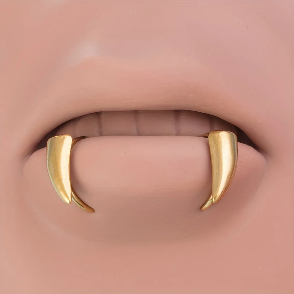 1Pair Stainless Steel Vampire Fangs Lip, Rings Hip Hop Punk Gothic, Style Fake Piercing Teeth Jewelry for Men and Women, Halloween 2025